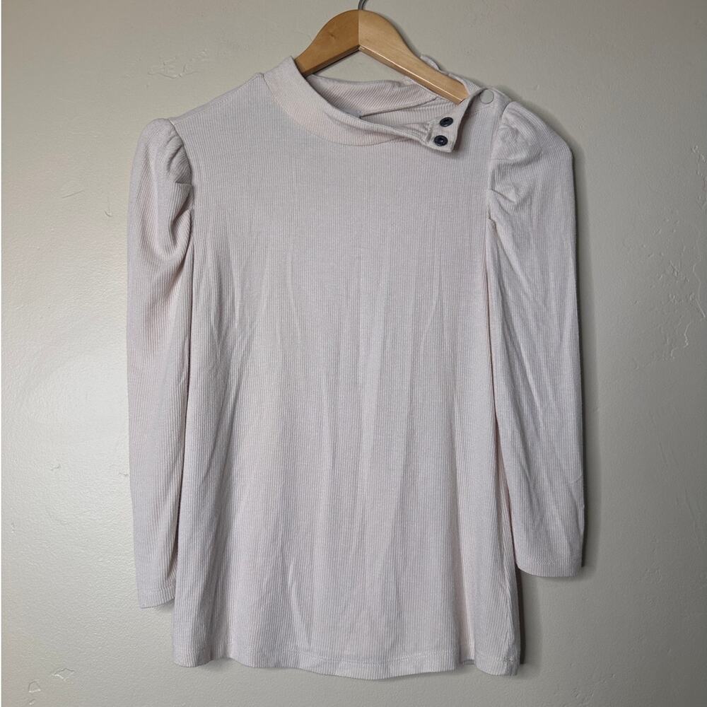 Evereve Cream Mocked Turtleneck Ribbed Long Sleeve Blouse SMALL